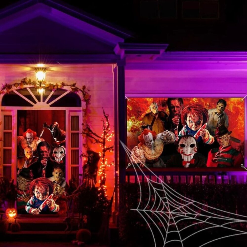Halloween Horror Movie Characters Party Decorations Set include Backdrop + Door